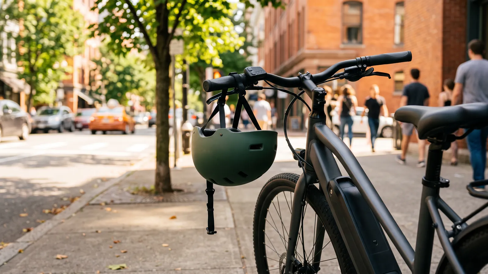 Green commuter helmet hanging from an e-bike handlebar on a city sidewalk