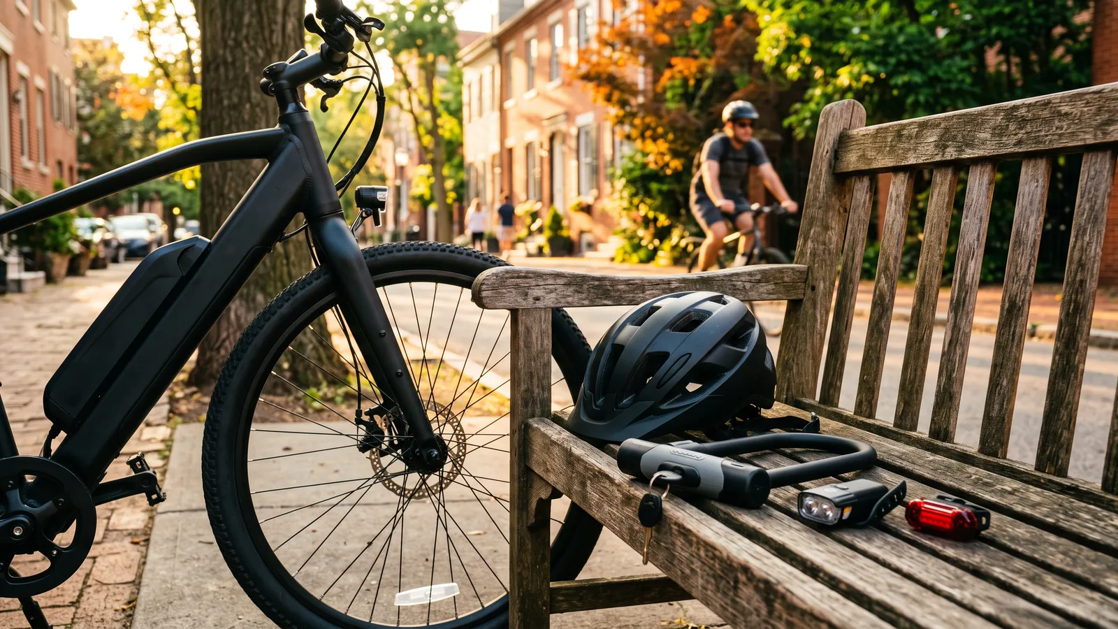 Helmet, U-lock and bike lights on a bench beside an e-bike