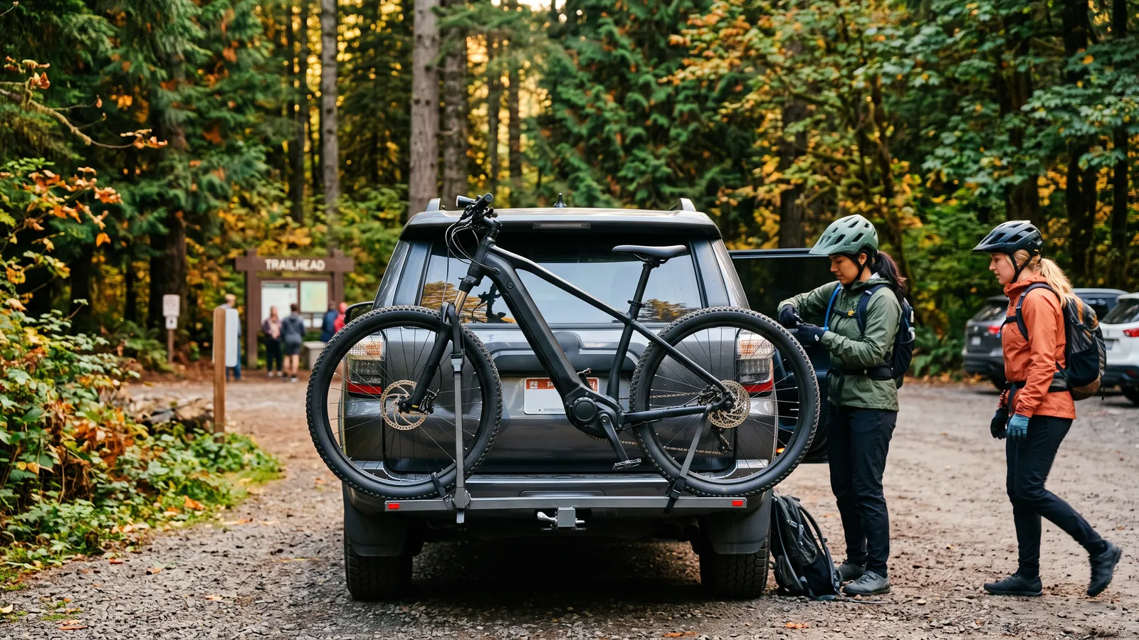 E-bike on a hitch rack on an SUV at a forest trailhead