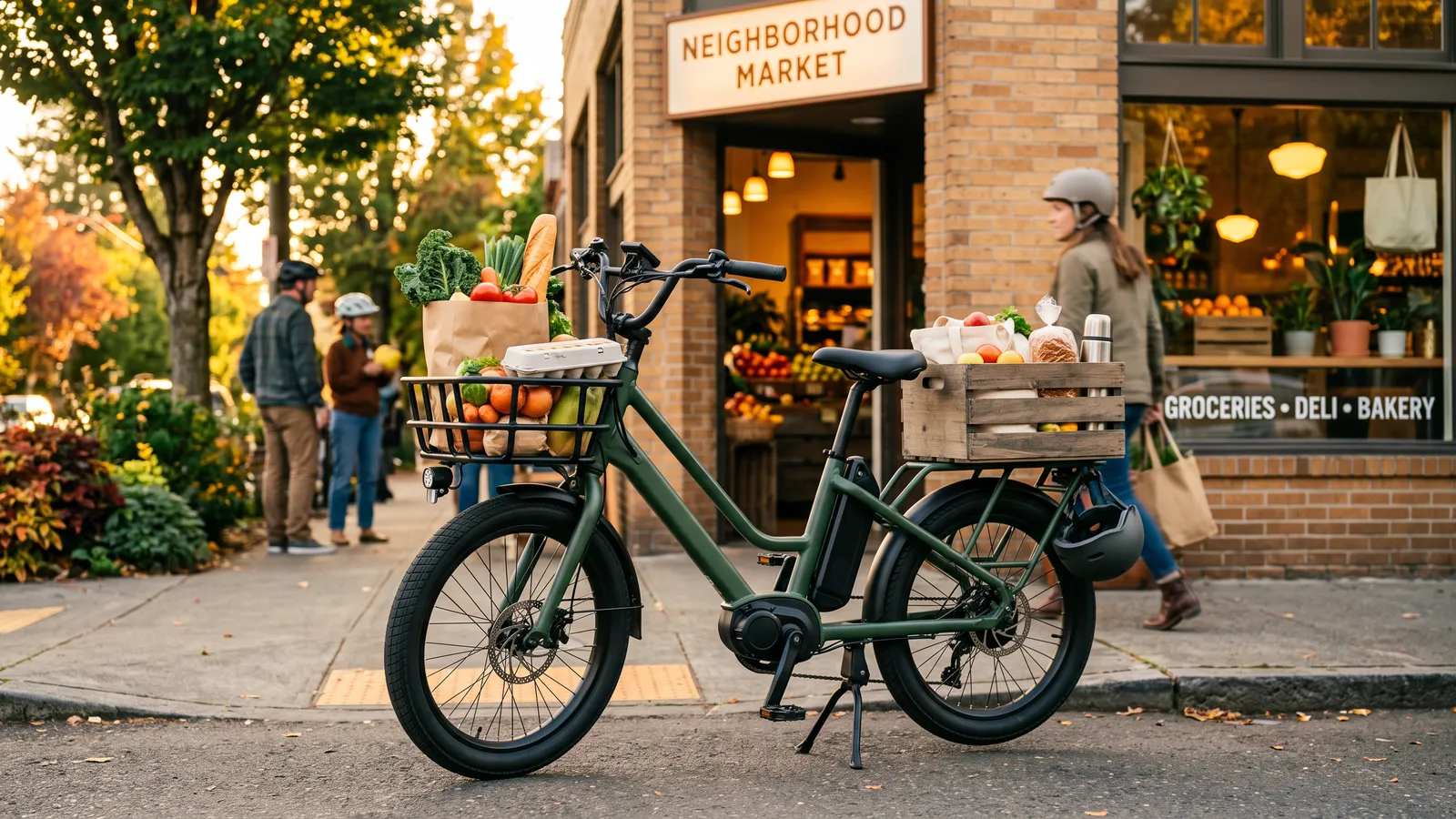 E-bike with a front basket and rear crate outside a neighborhood market