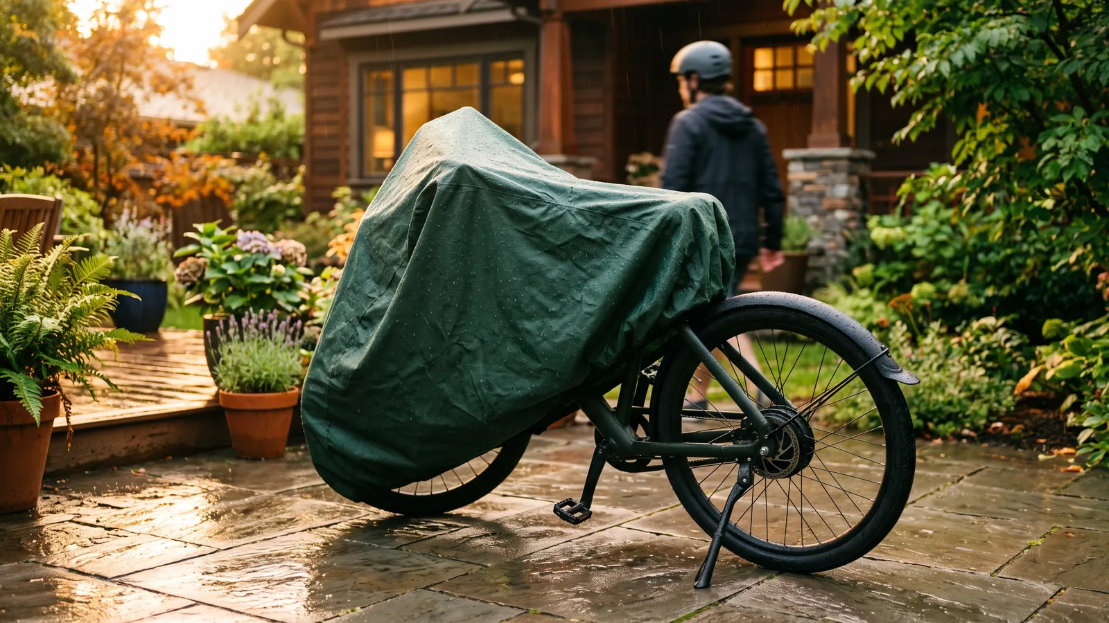E-bike under a fitted green waterproof cover on a wet patio