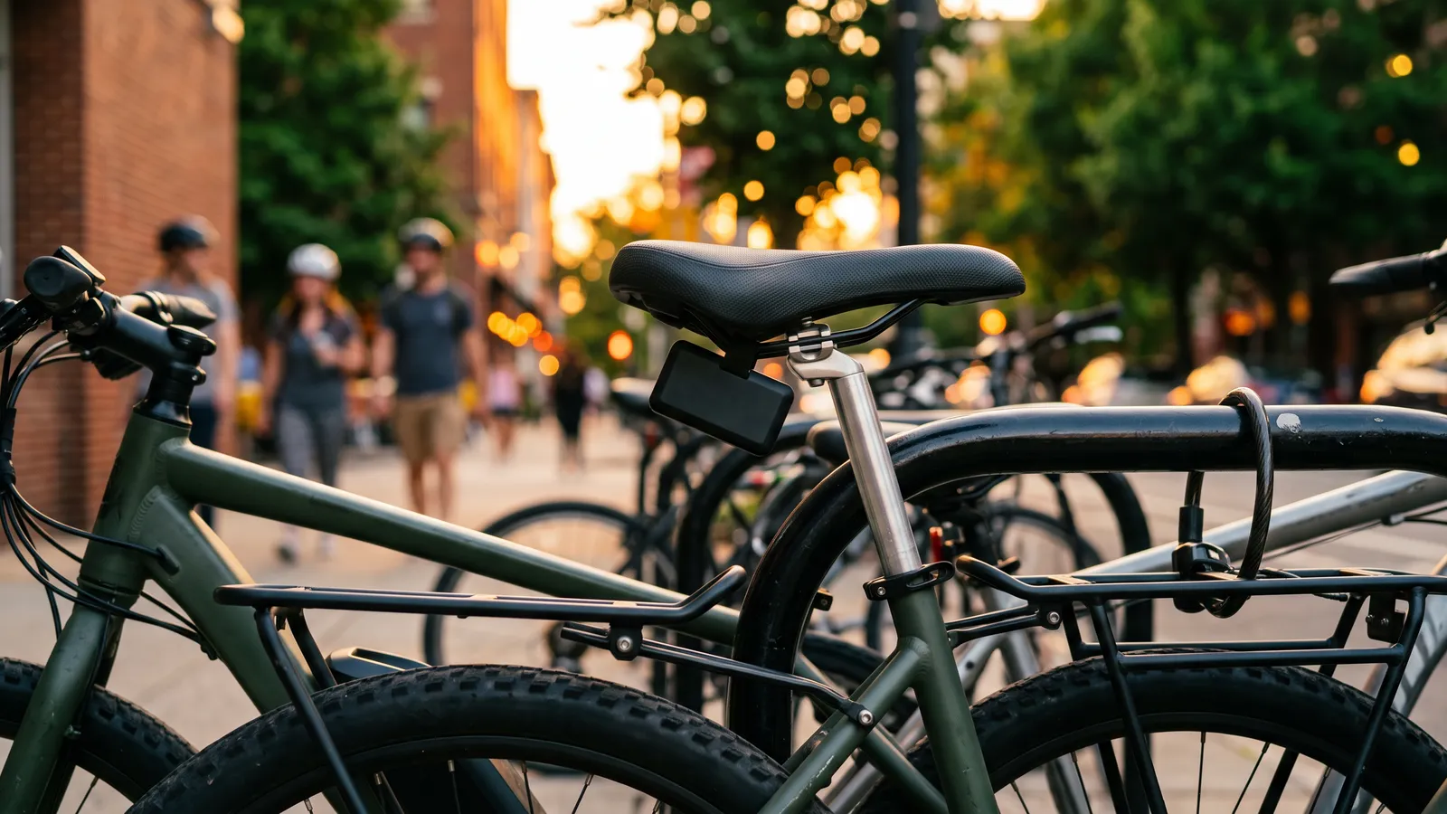 Small tracker tucked under the saddle of an e-bike at a city bike rack