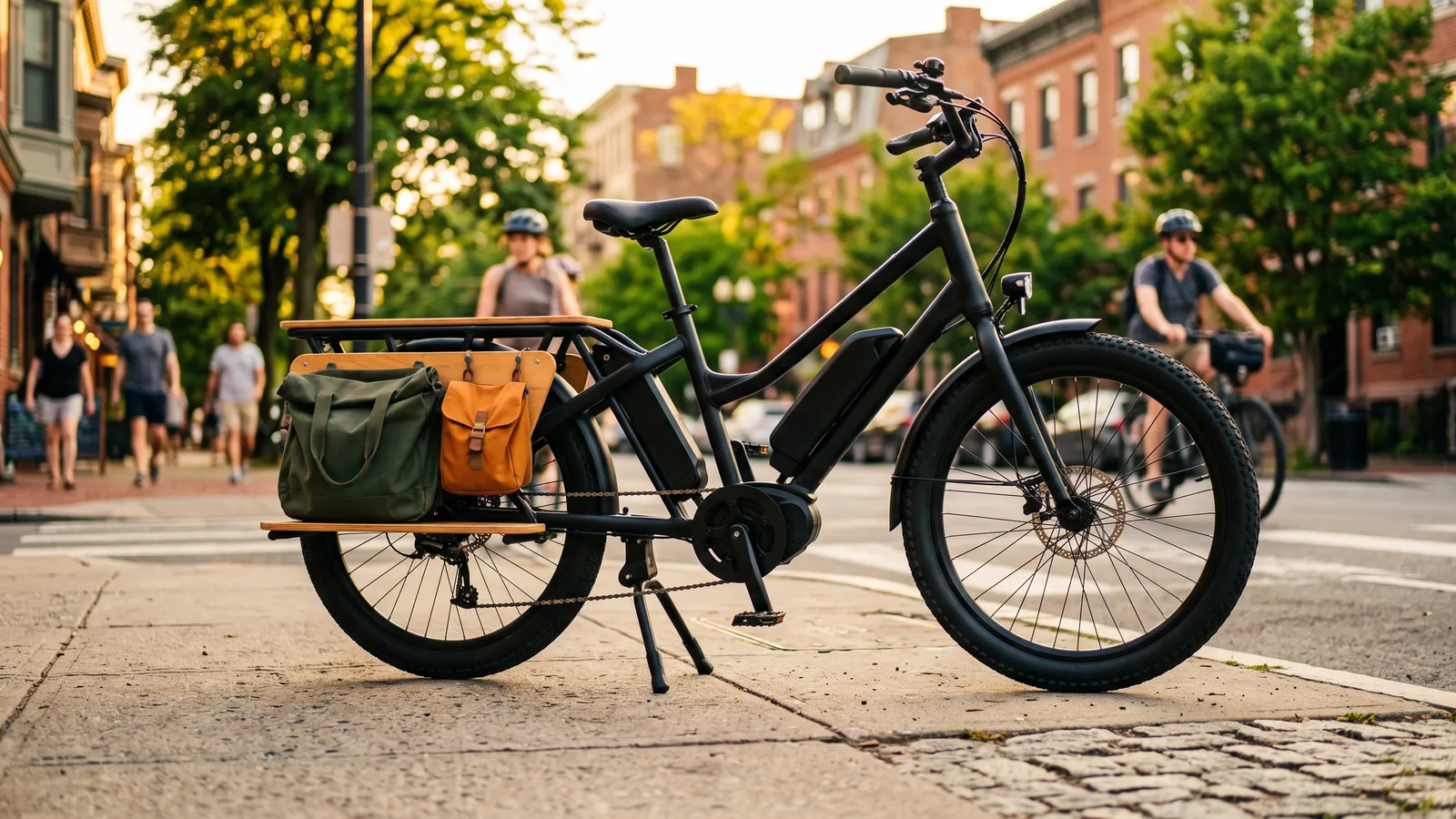 Dual-leg kickstand holding a cargo e-bike upright on a sidewalk