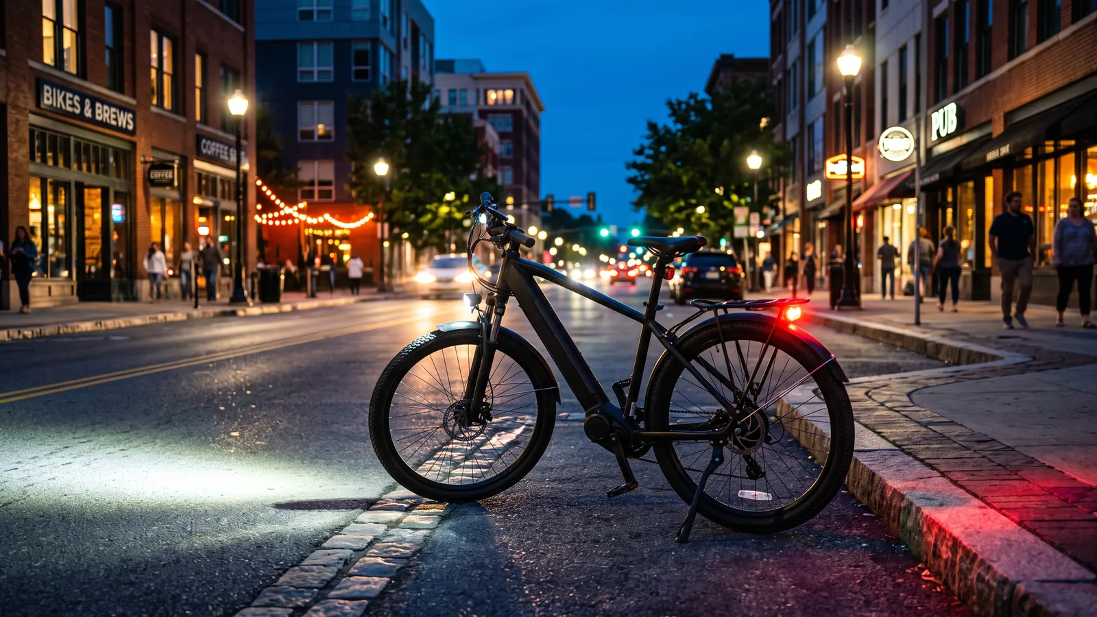 E-bike at dusk with a bright headlight beam and a red rear light