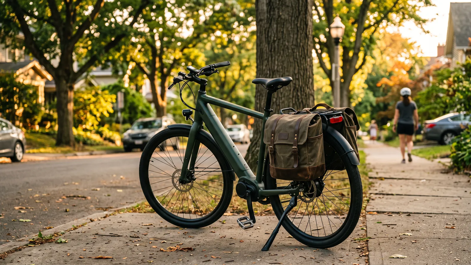 Commuter e-bike with canvas pannier bags on the rear rack