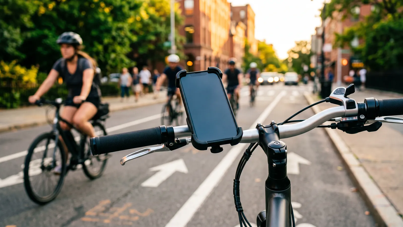 Smartphone in a handlebar mount on an e-bike in a city bike lane