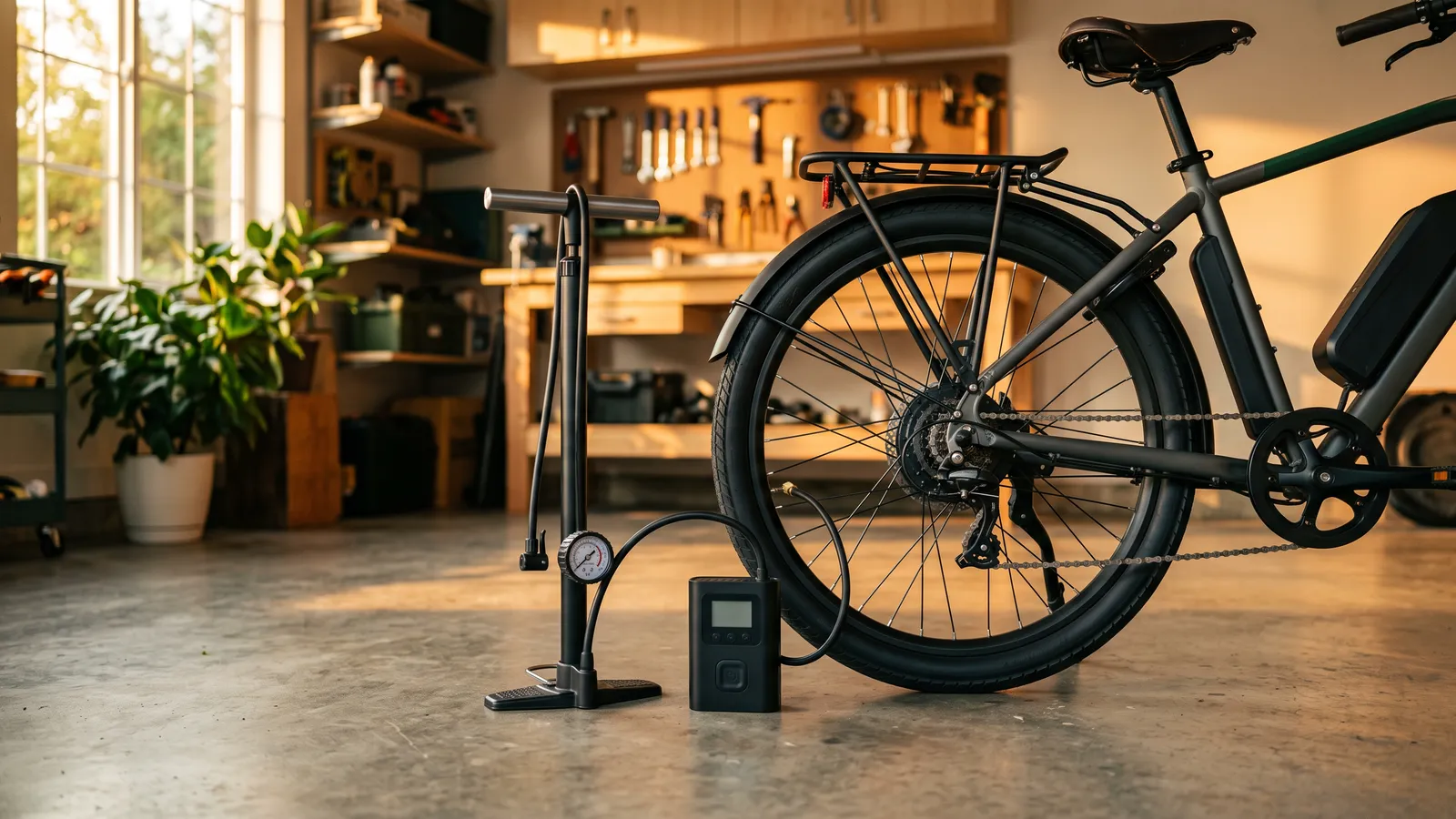Floor pump and portable inflator beside an e-bike wheel in a garage