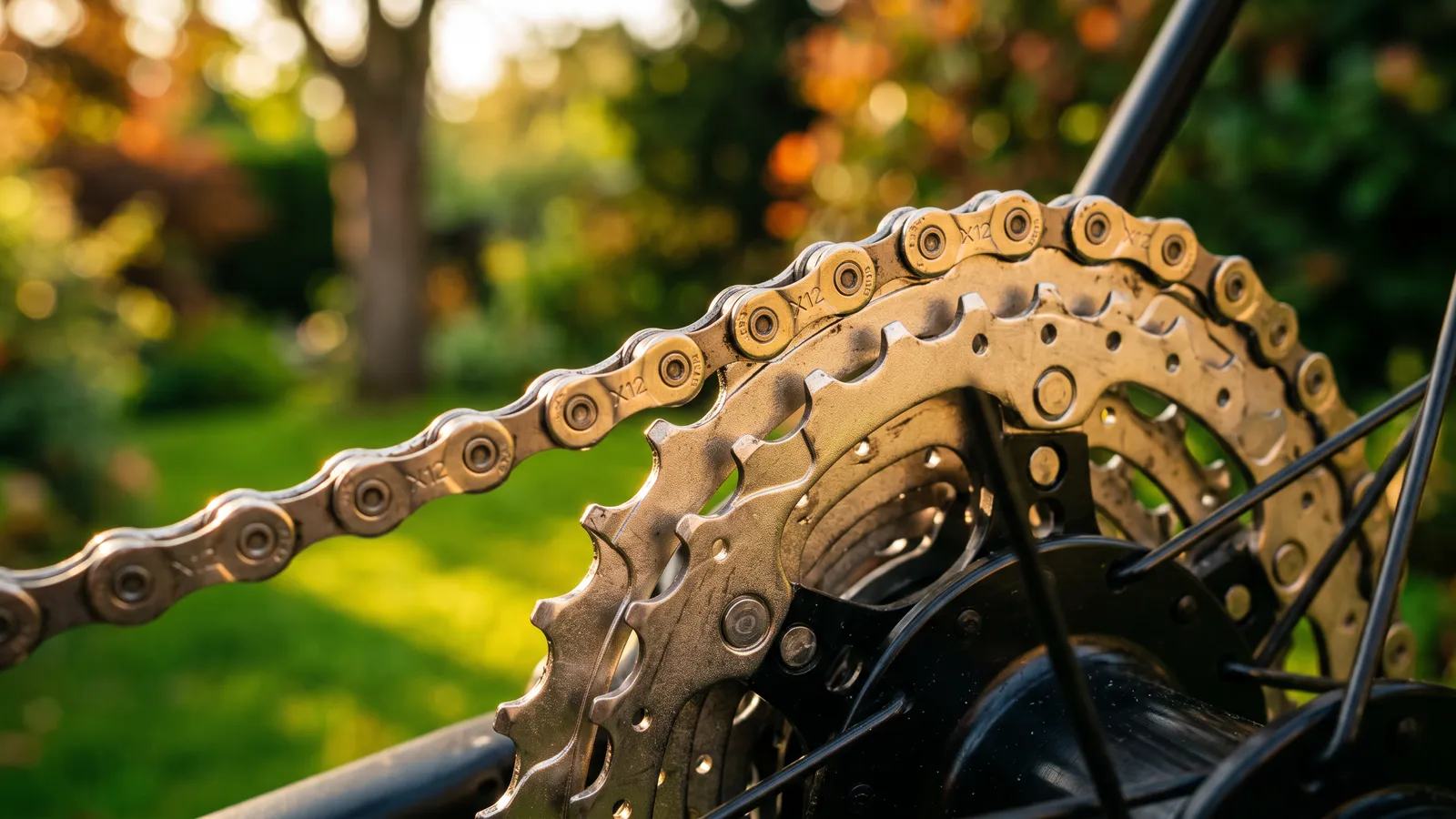 Bicycle chain and cassette catching the sunlight