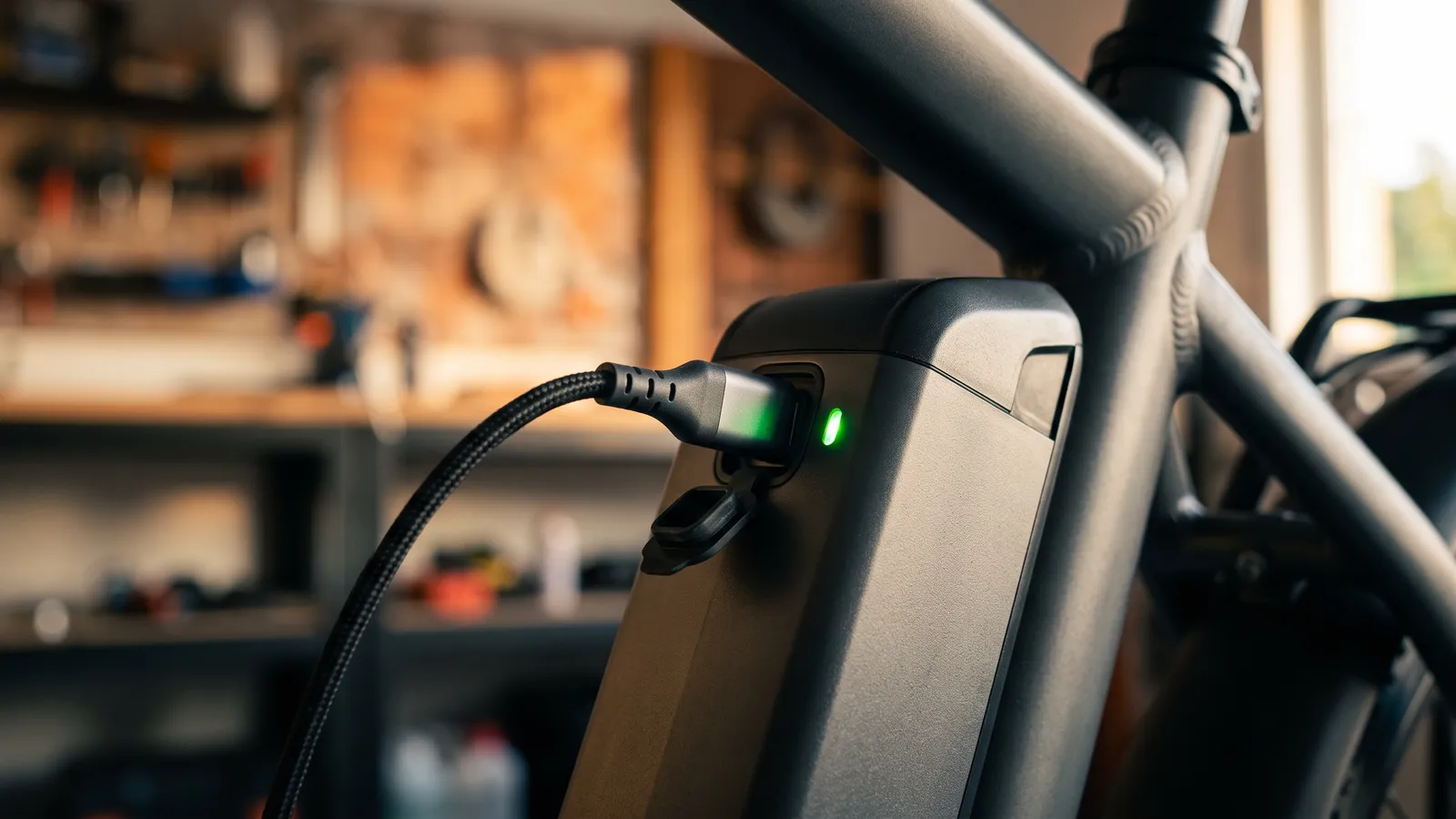Charging cable plugged into an e-bike battery