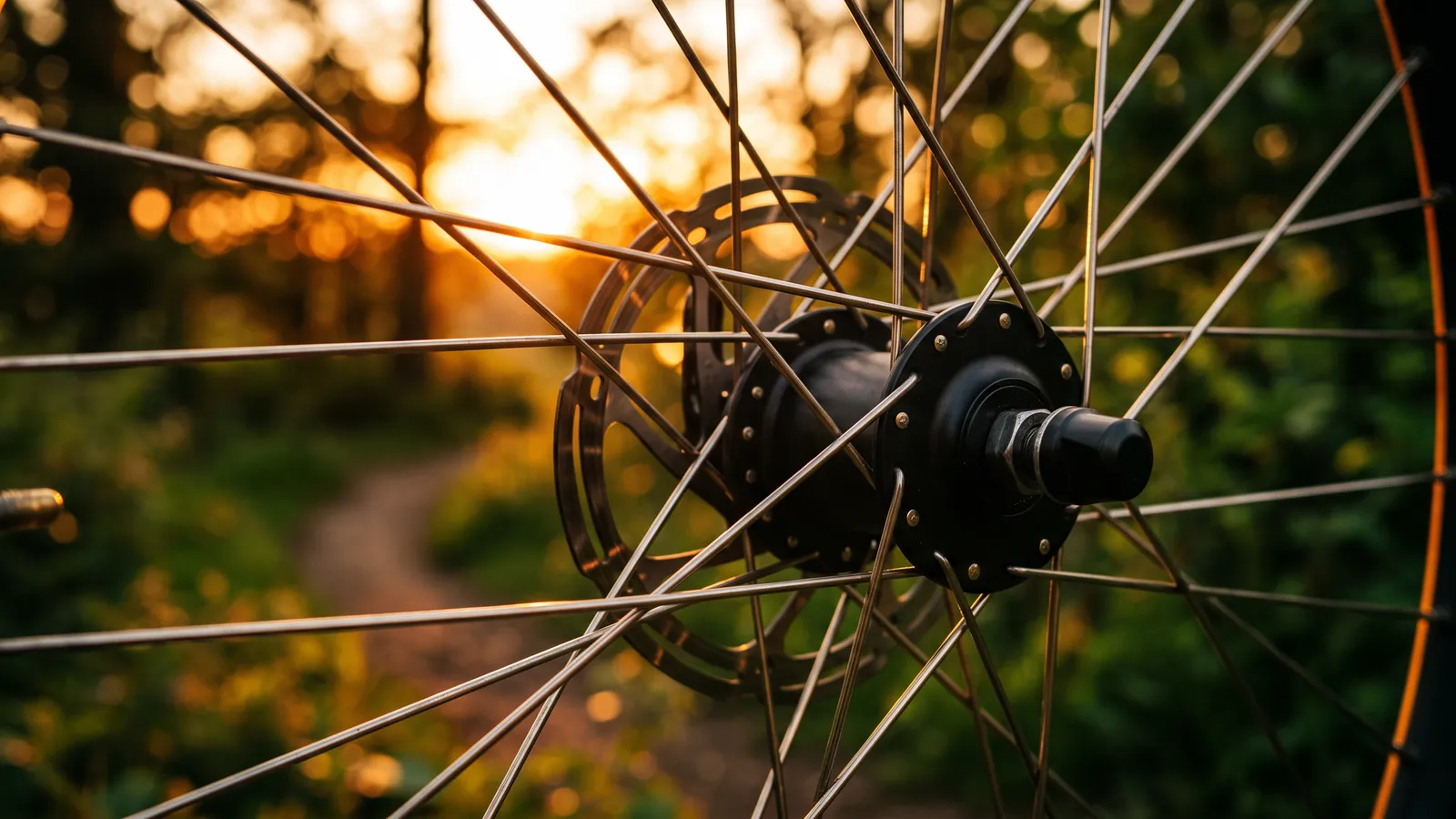 Wheel spokes and hub against a low sun