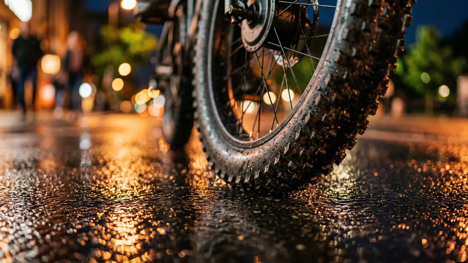 Knobby e-bike tire rolling over a wet street at night
