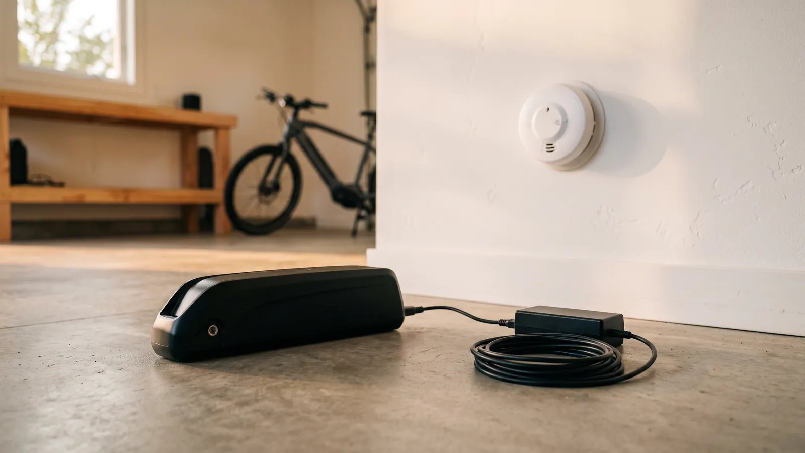 E-bike battery charging on a garage floor with a smoke alarm on the wall