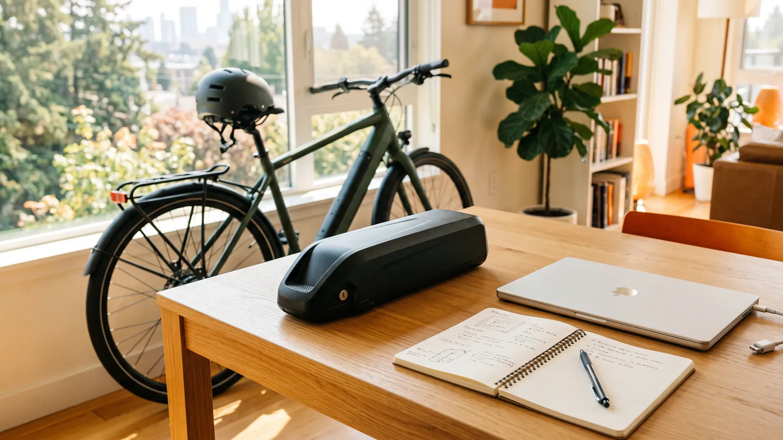 E-bike battery on a table beside a laptop and notebook