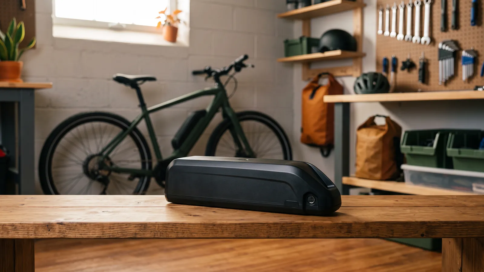 E-bike battery on a wooden shelf in a tidy storage room, bike behind