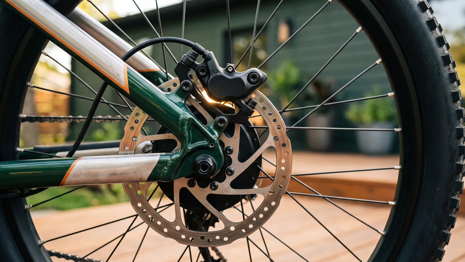 Disc brake caliper and rotor on an e-bike wheel in warm light