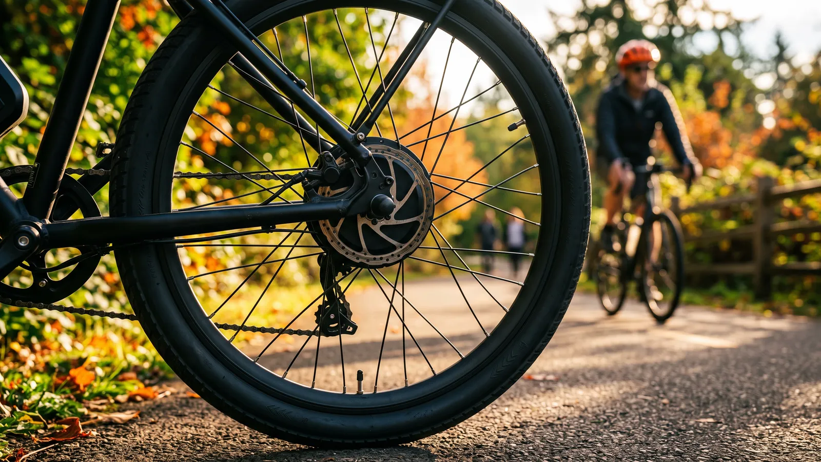 Spokes and hub of an e-bike's rear wheel in sunlight