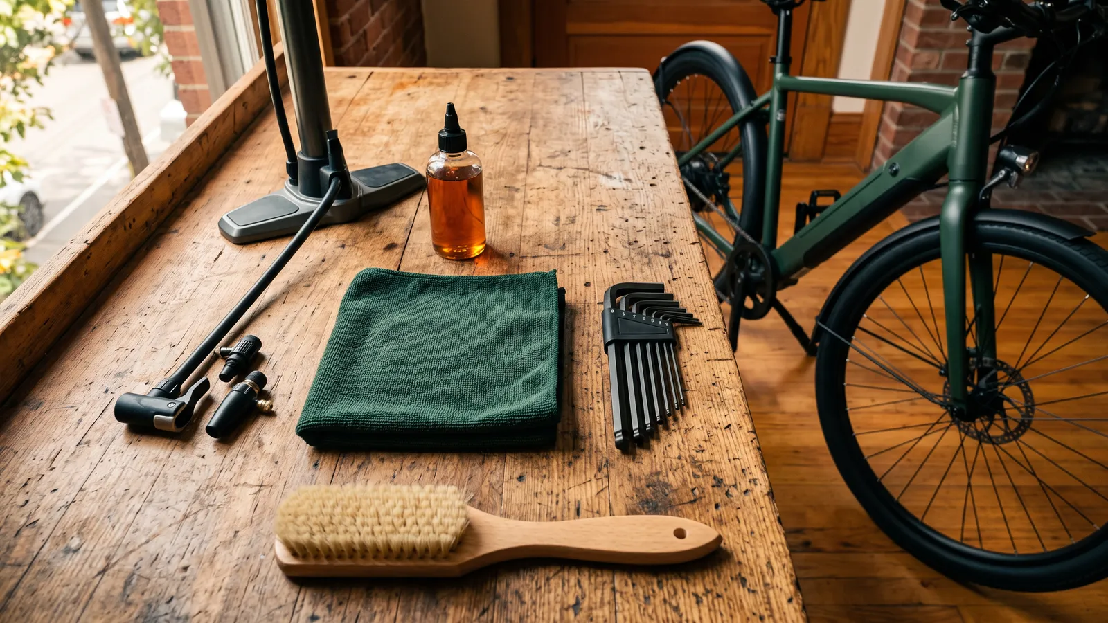 Pump, chain lube, rag, hex keys and a brush on a workbench beside an e-bike