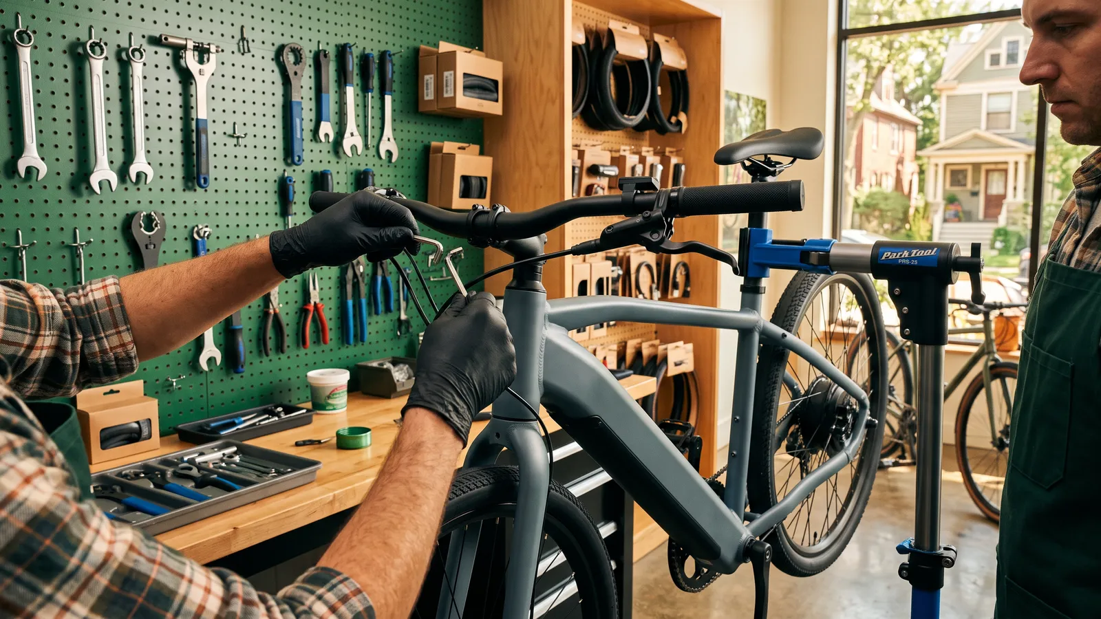 Mechanic adjusting an e-bike on a repair stand in a bike shop