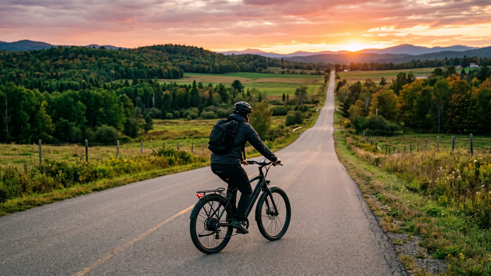 Rider on an e-bike on a long country road at sunset