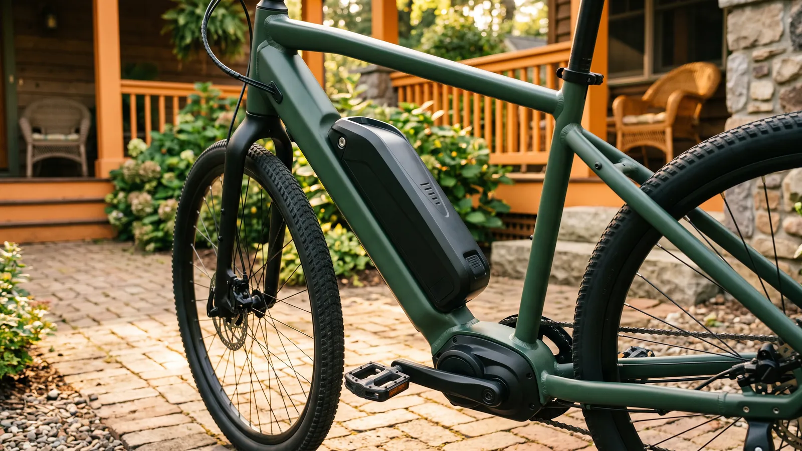 E-bike with its battery fitted, parked on a sunny patio
