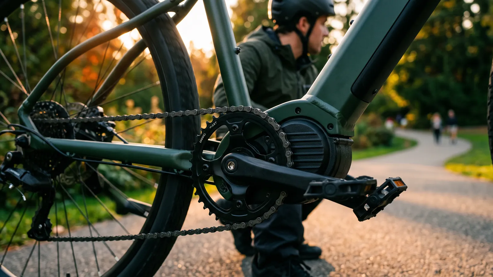 Close-up of an e-bike's mid-drive motor and chainring