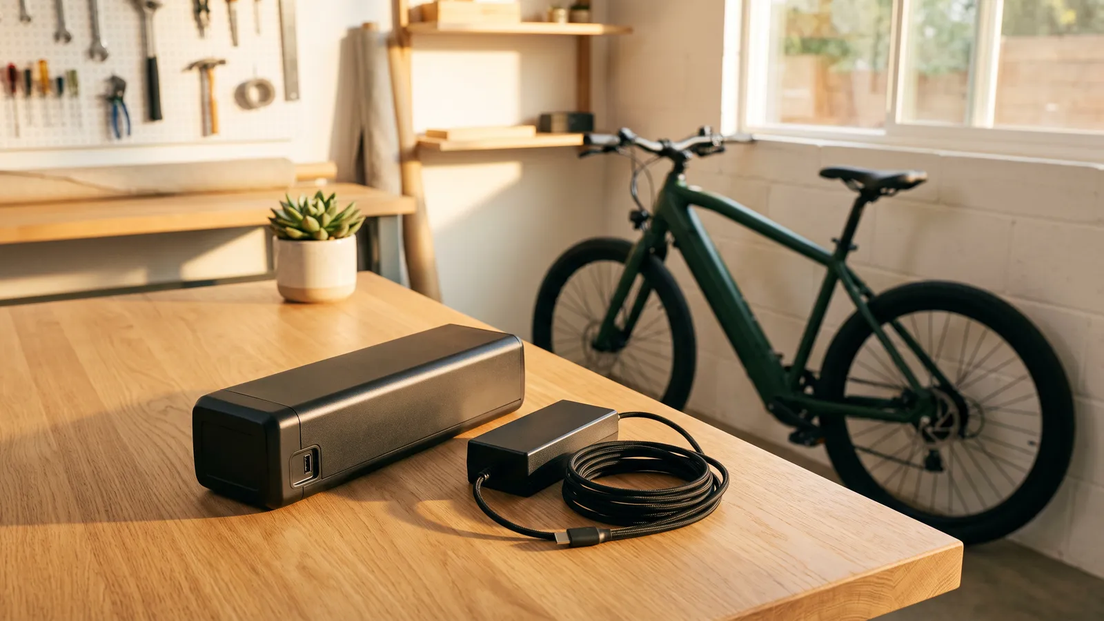 E-bike battery and charger on a clean white workbench