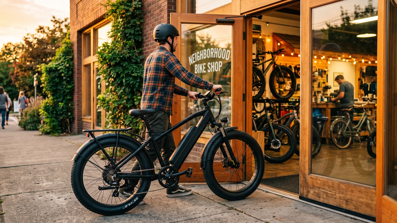 Rider wheeling a fat-tire e-bike into a neighborhood bike shop