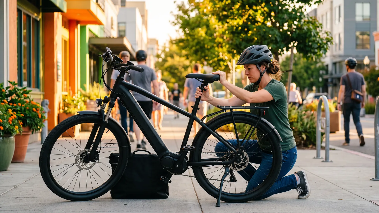 Rider adjusting the seat height of an e-bike on the sidewalk