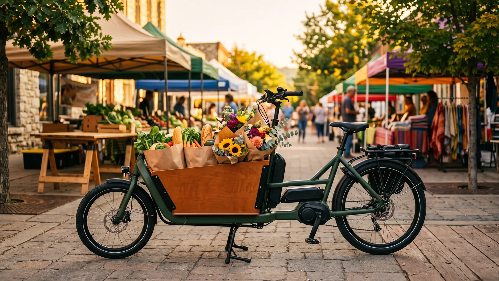 Front-box cargo e-bike loaded with groceries and flowers outside a market