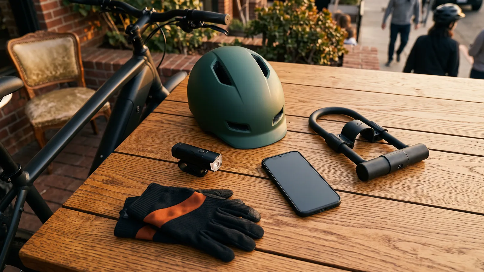 Helmet, U-lock, gloves, light and phone laid out on a wooden table