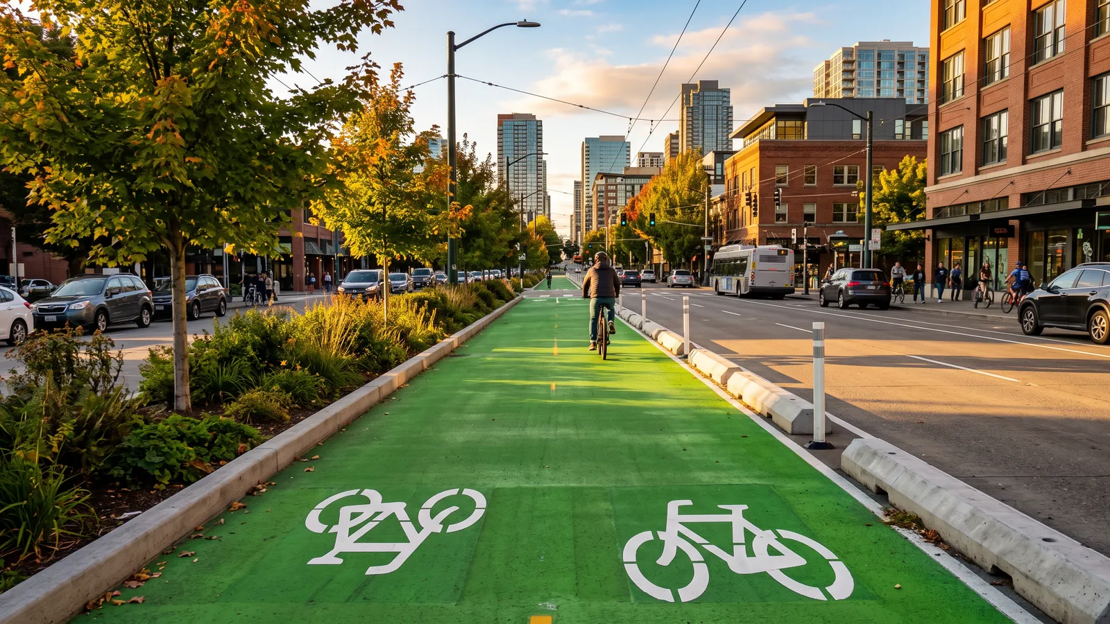 Green protected bike lane in a US city at golden hour