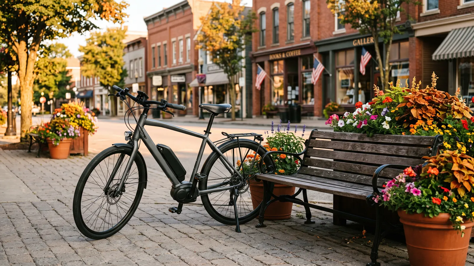 E-bike parked beside a bench on a sunny small-town main street