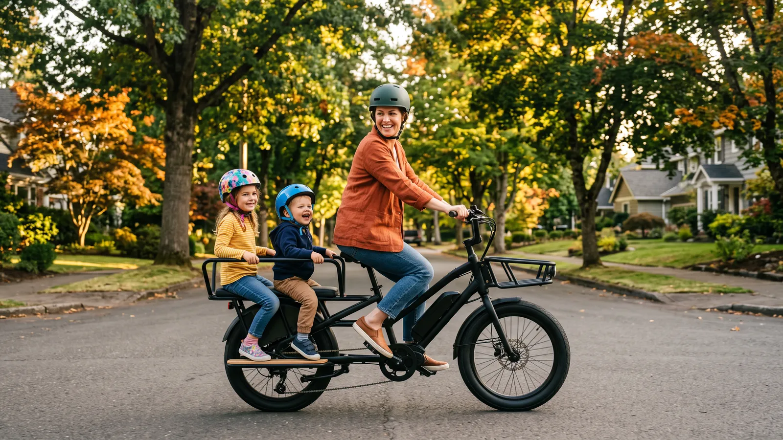 Parent riding a longtail cargo e-bike with two children on the back