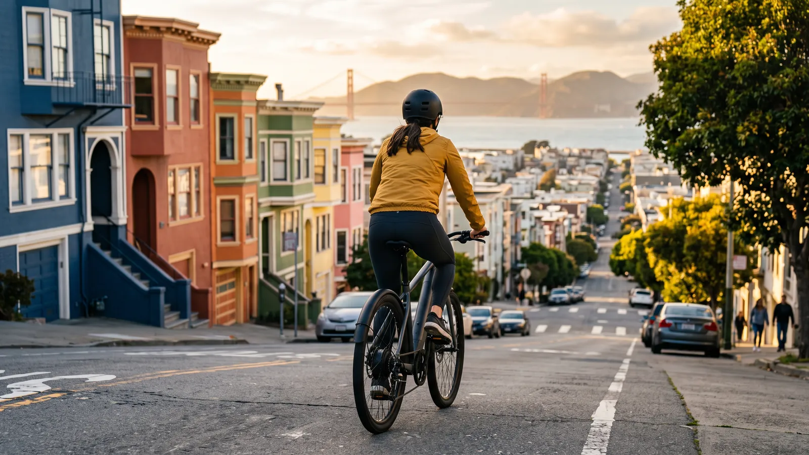 Rider climbing a steep residential hill on an e-bike