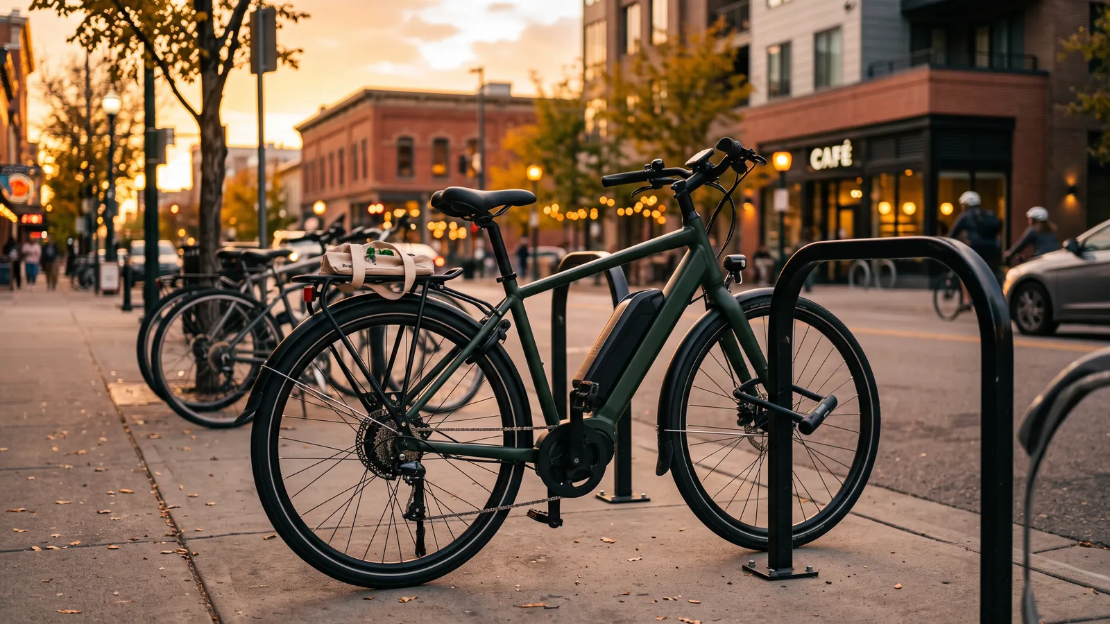 Commuter e-bike with a rear rack parked at a city bike rack