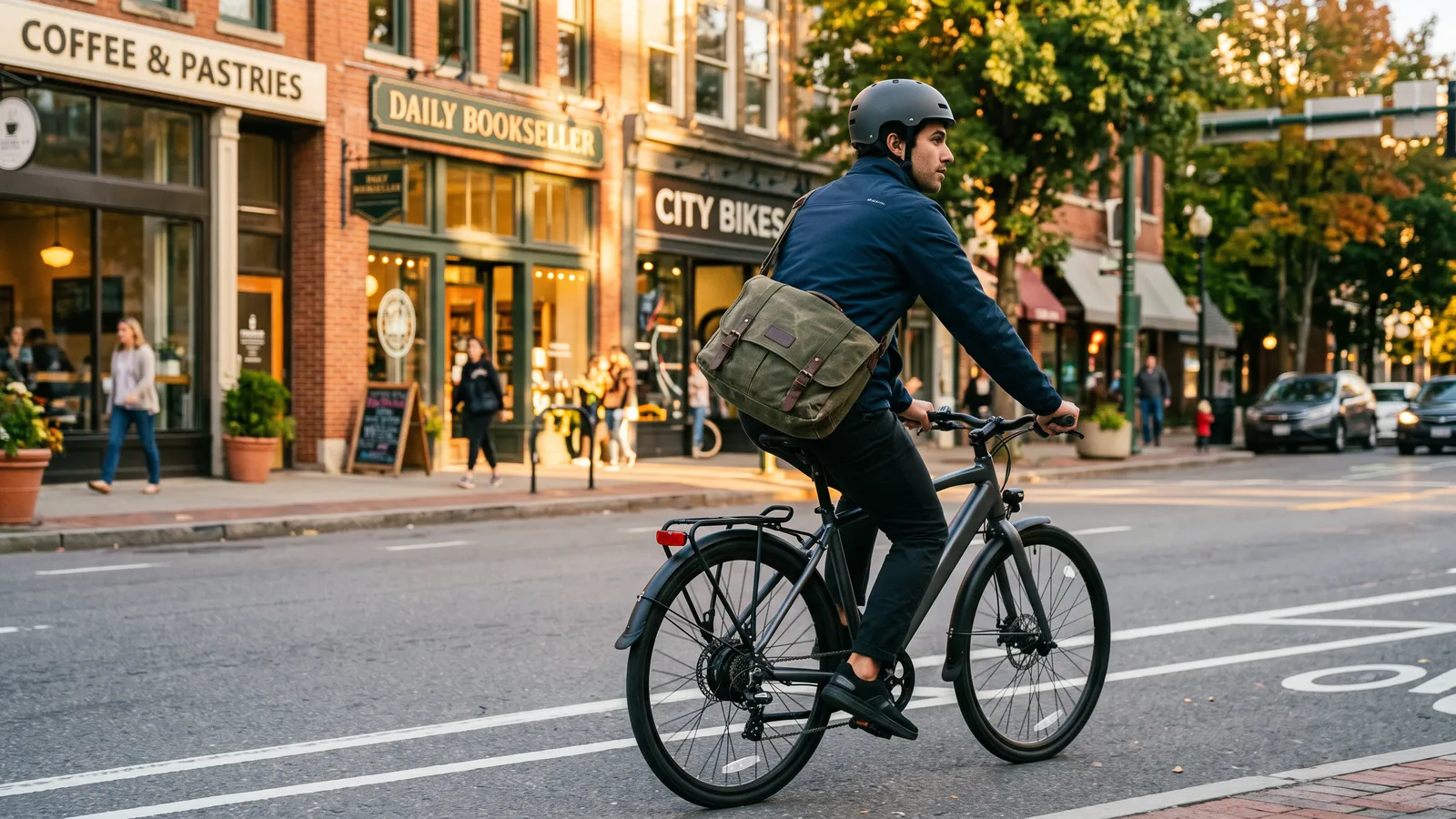 Rider with a messenger bag commuting on an e-bike past downtown storefronts